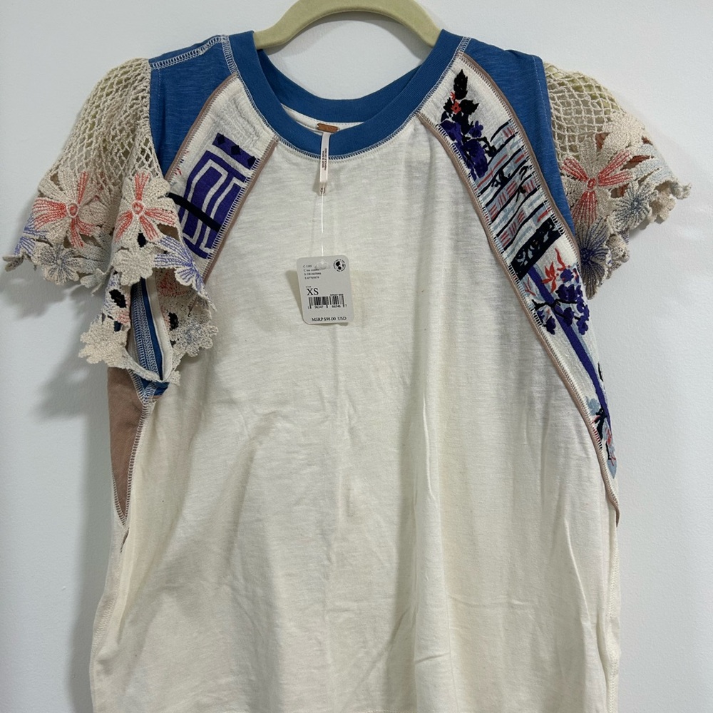 Free People Blue and Cream Top